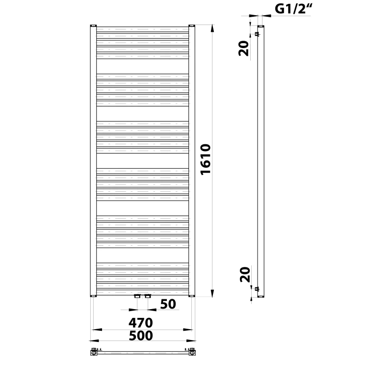 Rysunek techniczny - GRUNT grzejnik łazienkowy 500x1610 mm, podłączenie środkowe, czarny mat