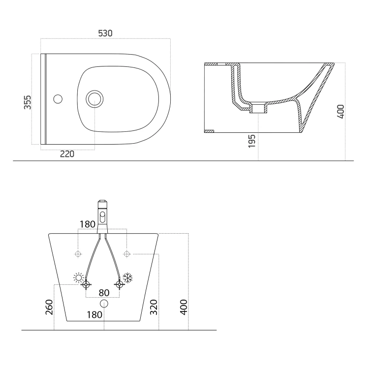 Rysunek techniczny - AVVA bidet wiszący 35,5x53cm, czarny mat