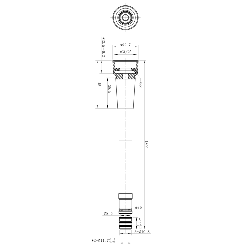 Rysunek techniczny - Wąż do prysznicowych wysuwanych, F1/2"- średnica 11mm, 180cm
