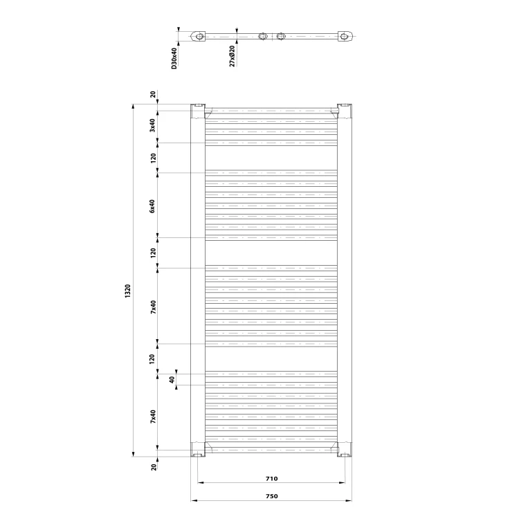 Rysunek techniczny - DIRECT grzejnik łazienkowy 750x1320 mm, biały