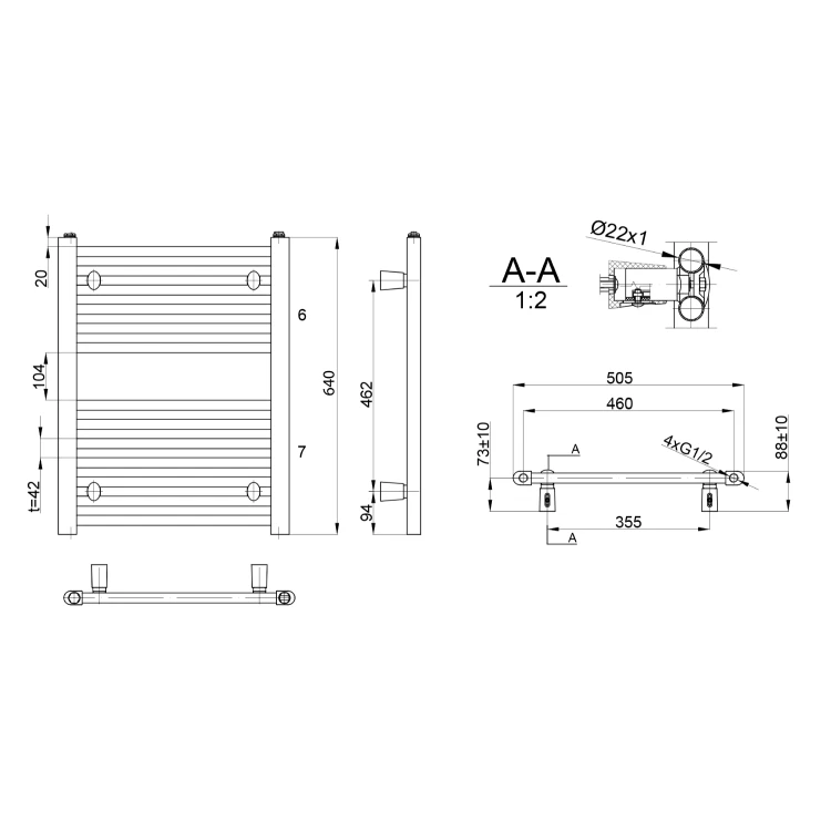 Rysunek techniczny - DIRECT grzejnik łazienkowy 500x640 mm, biały