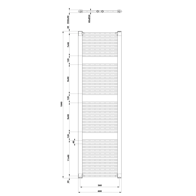 Rysunek techniczny - DIRECT grzejnik łazienkowy 600x1850 mm, biały