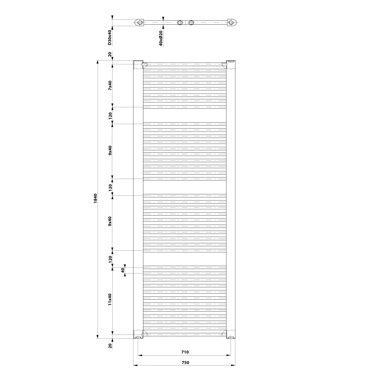 Rysunek techniczny - DIRECT grzejnik łazienkowy 750x1850 mm, biały