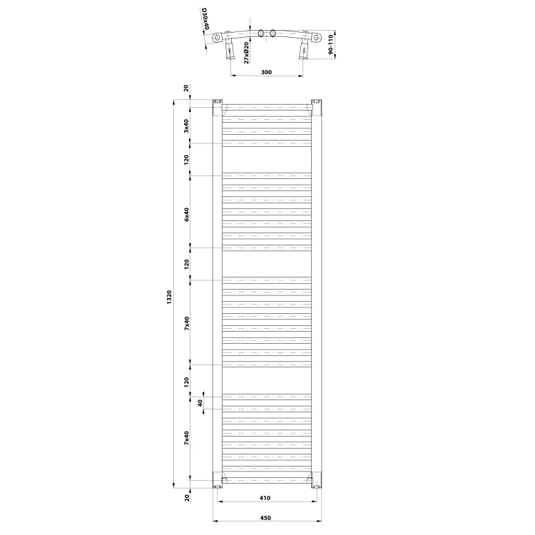 Rysunek techniczny - ORBIT grzejnik z podłączeniem bocznym 450x1320 mm, biały