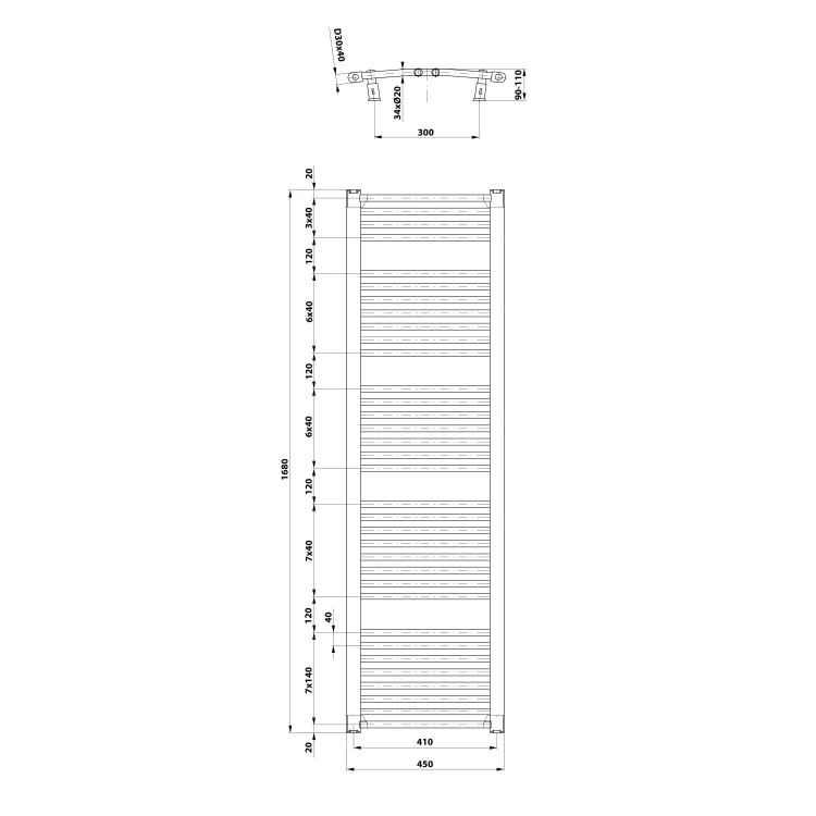 Rysunek techniczny - ORBIT grzejnik z podłączeniem bocznym 450x1680 mm, biały