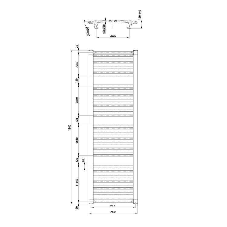 Rysunek techniczny - ORBIT grzejnik z podłączeniem bocznym 750x1850 mm, biały