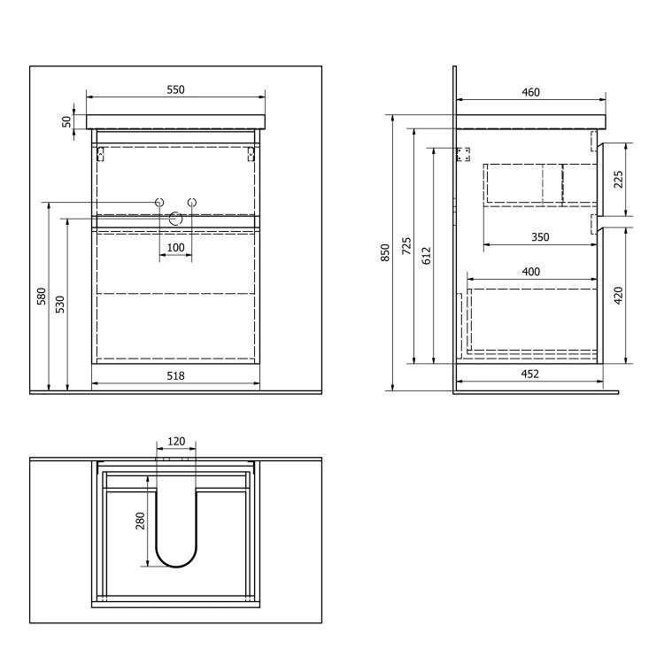 Rysunek techniczny - ALTAIR szafka umywalkowa 52x72,5x45 cm, czarny mat