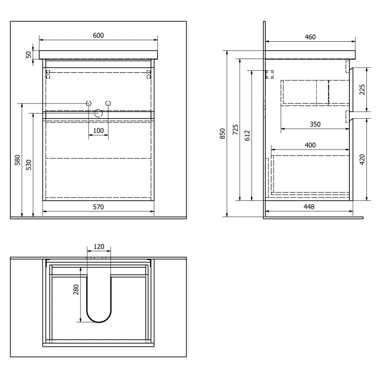 Rysunek techniczny - ALTAIR szafka umywalkowa 57x72,5x45cm cm, czarny mat