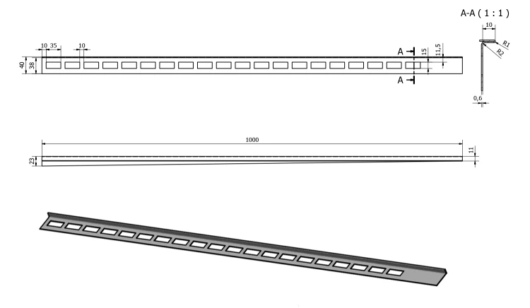 Rysunek techniczny - Listwa spadkowa lewa, wysokość 10mm, długość 1000mm, stal nierdzewna mat