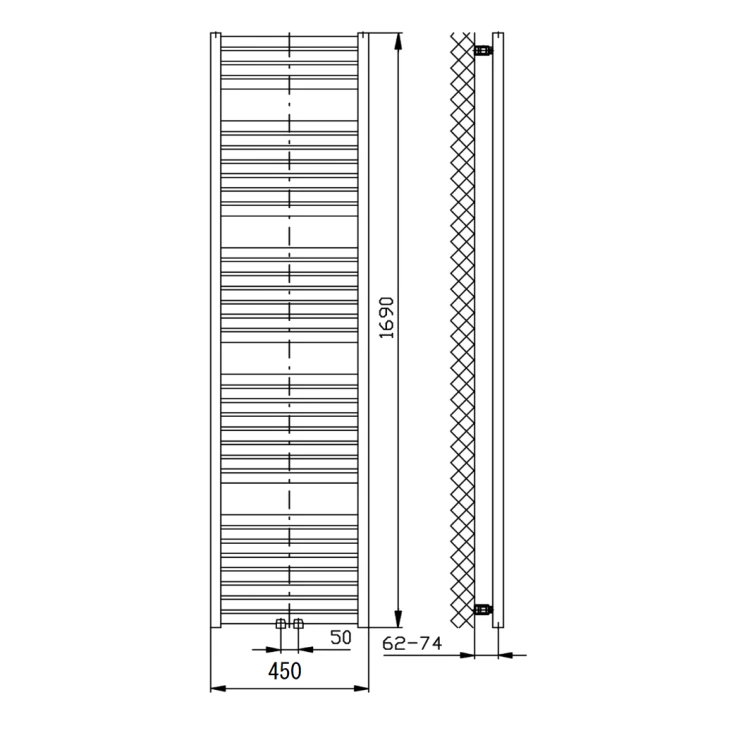 Rysunek techniczny - TONDI grzejnik łazienkowy 450x1690 mm, podłączenie centralne, czarny mat