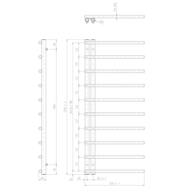 Rysunek techniczny - JUSTINA grzejnik łazienkowy 500x1246 mm, biały mat