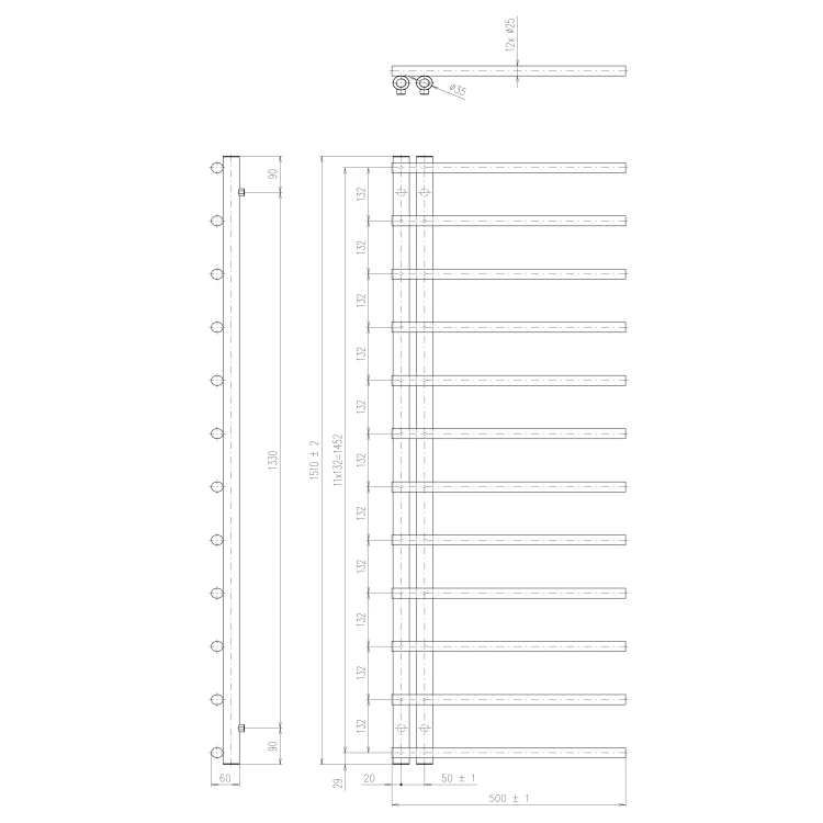 Rysunek techniczny - JUSTINA grzejnik łazienkowy  500x1510 mm, biały mat