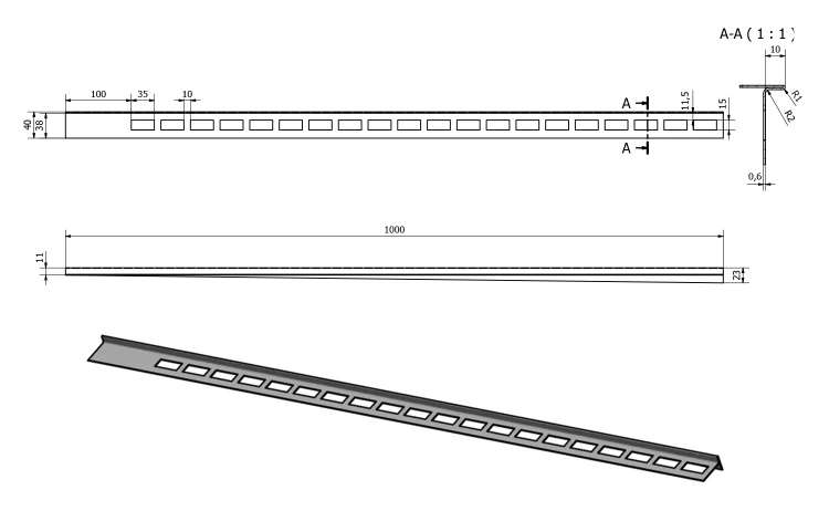 Rysunek techniczny - Listwa spadkowa prawa, wysokość 10mm, długość 1000mm, stal nierdzewna mat