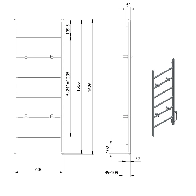 Rysunek techniczny - BARBO elektryczna suszarka na ręczniki, kwadratowa, 600x1600mm, 160 W, czarny mat