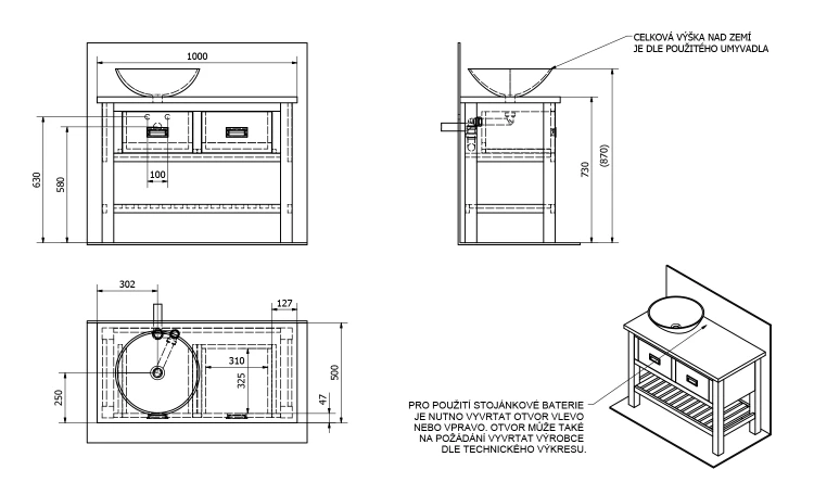 Rysunek techniczny - BRAND szafka pod umywalkę 100x73x50cm, świerk bejcowany