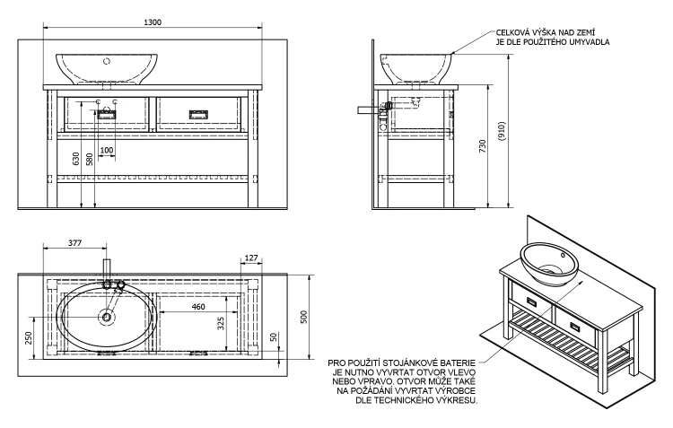 Rysunek techniczny - BRAND szafka pod umywalkę 130x73x50cm, świerk bejcowany