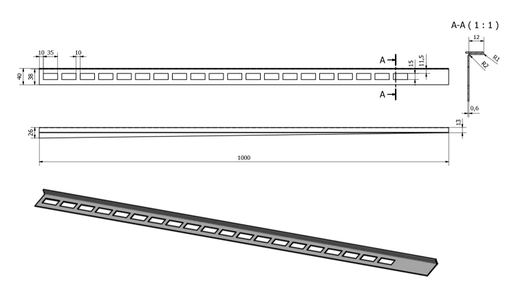 Rysunek techniczny - Listwa spadkowa lewa, wysokość 12mm, długość 1000mm, stal nierdzewna mat