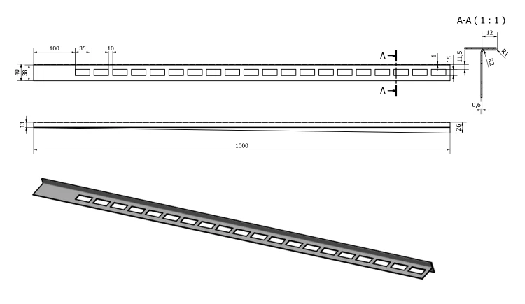 Rysunek techniczny - Listwa spadkowa prawa, wysokość 12mm, długość 1000mm, stal nierdzewna mat