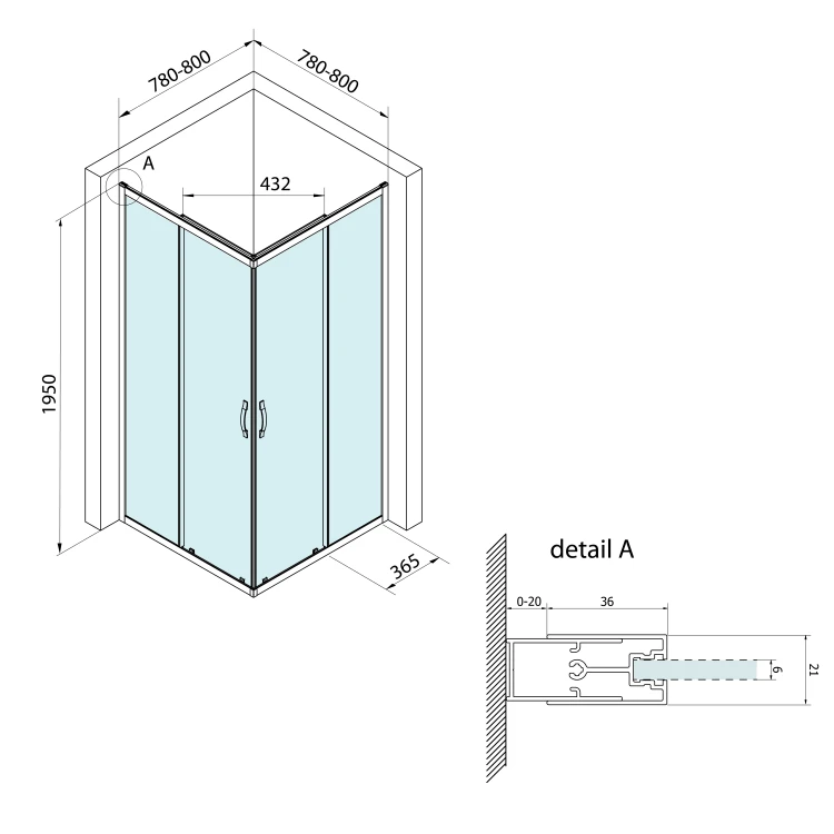 Rysunek techniczny - BORG kabina prysznicowa 800x800x1950 mm, wejście z rogu, szkło czyste