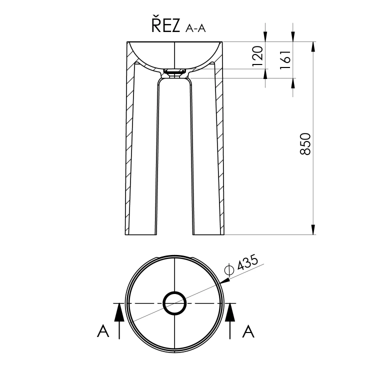Rysunek techniczny - ALTONA umywalka wolnostojąca z pokrywą odpływu Ø 43,5x85cm, kompozyt, biały mat