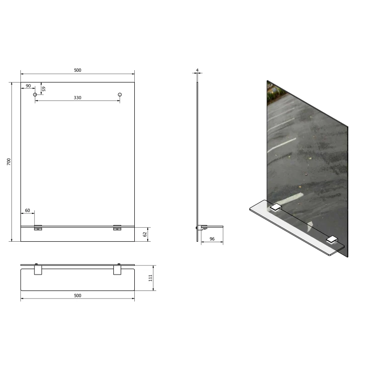 Rysunek techniczny - Lustro z półką 50x70cm wraz z uchwytami