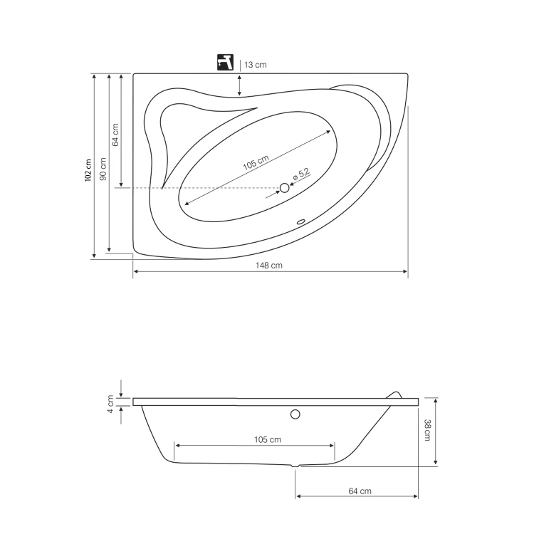 Rysunek techniczny - ORAVA wanna 150x9038cm, lewa, biały