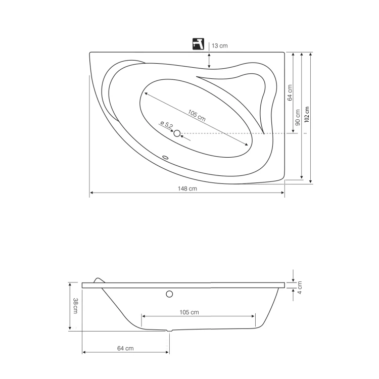 Rysunek techniczny - ORAVA wanna 150x9038cm, prawa, biały