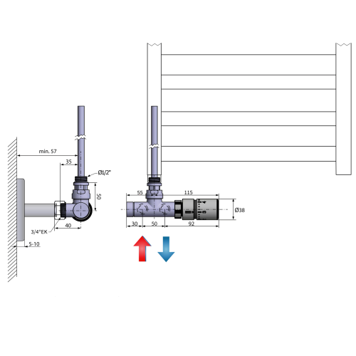 Rysunek techniczny - MONO ONE zestaw przyłączeniowy jednopunktowy z termostaem, prawy, 50mm, chrom