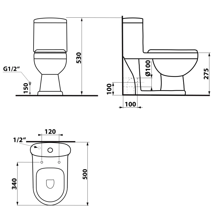 Rysunek techniczny - PETIT kompakt WC dla dzieci, odpływ pionowy/poziomy, biały