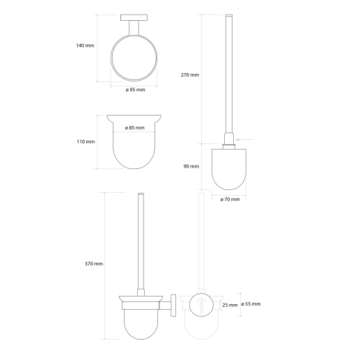 Rysunek techniczny - X-ROUND GOLD wisząca szczotka do WC, szkło mleczne, złoto mat