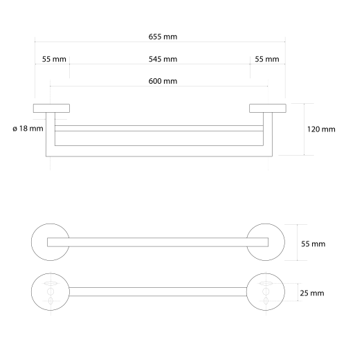 Rysunek techniczny - X-ROUND GOLD wieszak na ręczniki podwójny 600mm, złoto mat