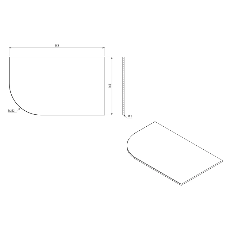 Rysunek techniczny - PULSE blat Rockstone 757x12x462mm, prawy, biały mat