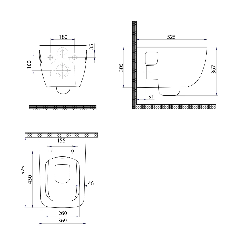 Rysunek techniczny - WALTER WC wiszące, Rimless, 37x52,5cm, biały