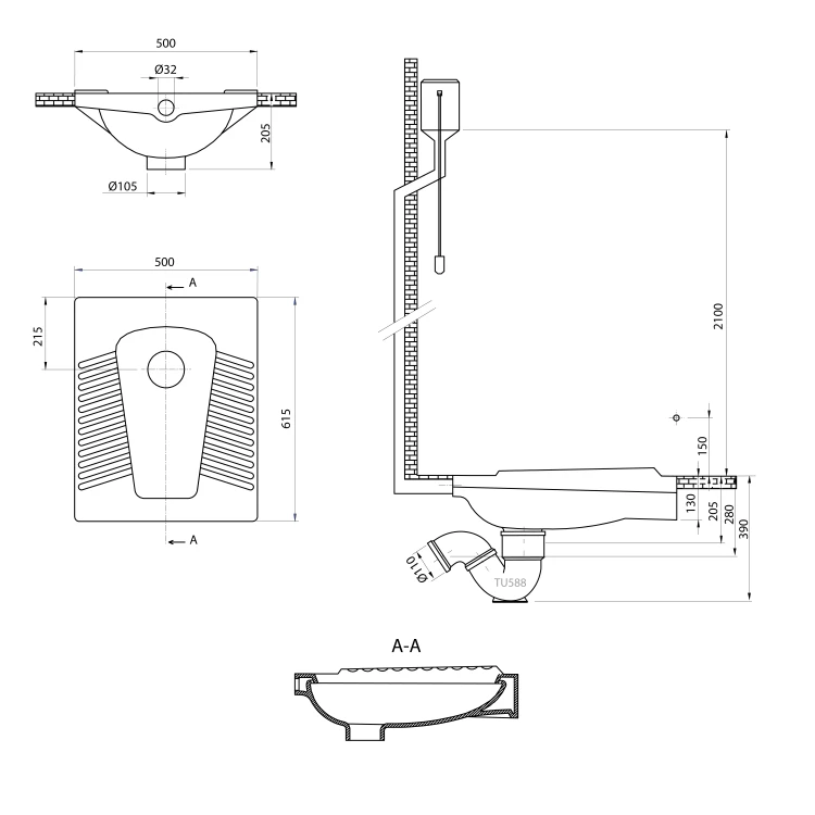 Rysunek techniczny - AGADI WC turecki 50x61,5cm, biały