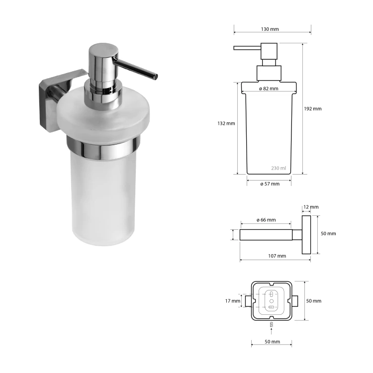 Rysunek techniczny - INSIA dozownik mydła 230ml, szkło mleczne, chrom