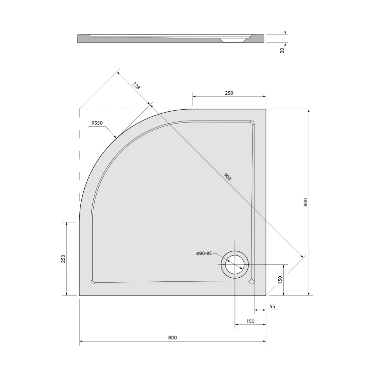Rysunek techniczny - SERA brodzik prysznicowy kompozytowy 80x80cm, półokrągły, R550, biały