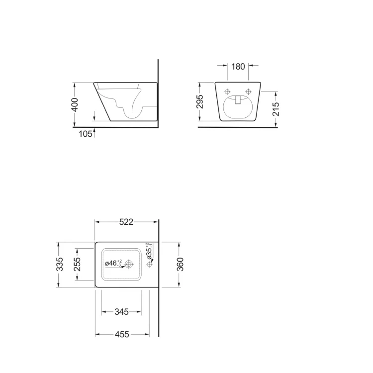 Rysunek techniczny - PORTO bidet wiszący, 36x52cm, biały