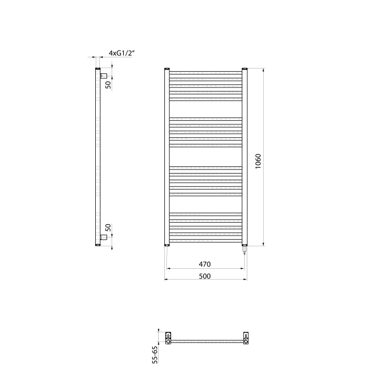 Rysunek techniczny - METRO-E grzejnik łazienkowi elektryczny 500x1060mm, 400 W, biały