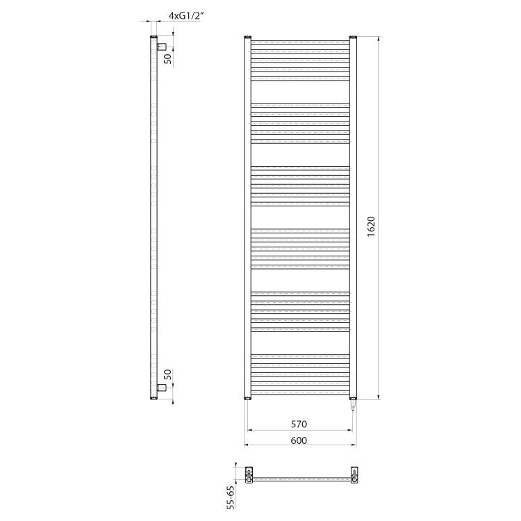 Rysunek techniczny - METRO-E grzejnik łazienkowi elektryczny 600x1620mm, 800 W, biały