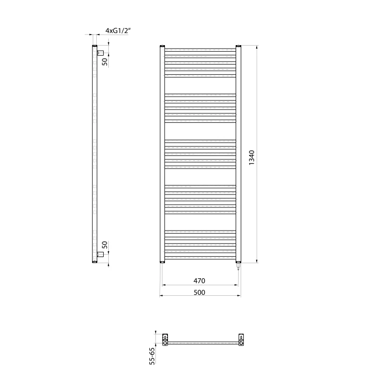 Rysunek techniczny - METRO-E grzejnik łazienkowi elektryczny 500x1340mm, 500 W, czarny mat