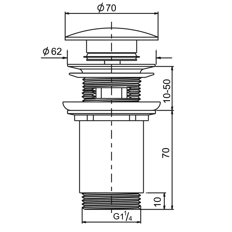 Rysunek techniczny - Korek umywalkowy 5/4“, klik-klak, grzybek ceramiczny, 10-50mm, czarny mat
