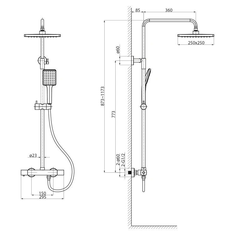 Rysunek techniczny - Zestaw prysznicowy z baterią termostatyczną, złoto mat