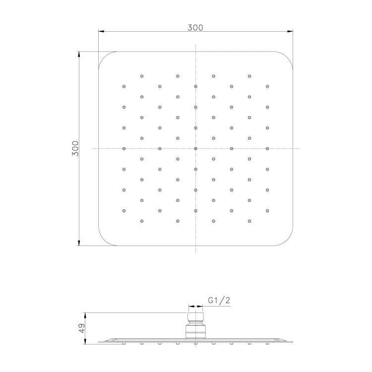 Rysunek techniczny - SLIM deszczownia, 300x300mm, złoto mat
