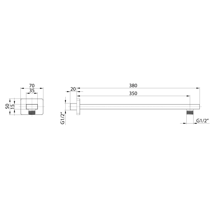 Rysunek techniczny - Ramię prysznicowe kwadratowe niskie, 380mm, złoto mat