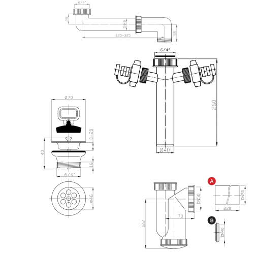 Rysunek techniczny - Syfon zlewozmywakowy oszczędzający miejsce, 2 podłączenia, spust z korkiem, 6/4", DN40, biały