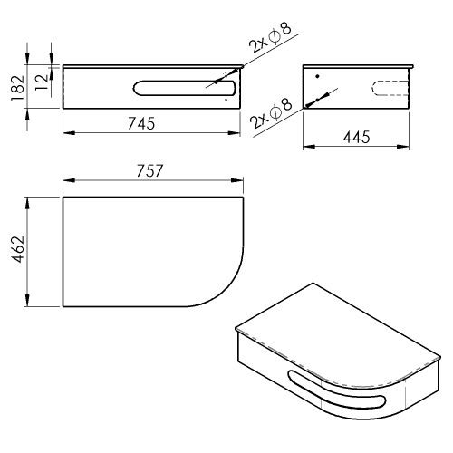 Rysunek techniczny - PULSE zestaw konsola, blat 755x455mm, umywalka stal nierdzewna mat, lewy