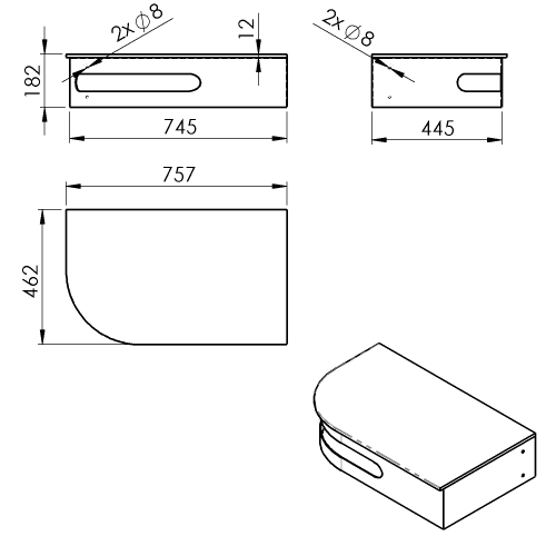 Rysunek techniczny - PULSE zestaw konsola, blat 755x455mm, umywalka stal nierdzewna mat, prawy