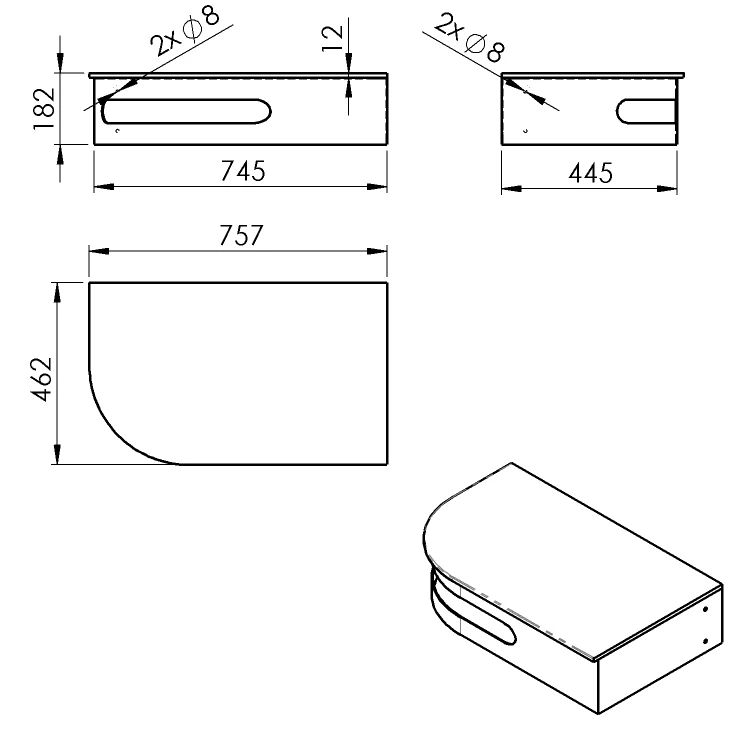 Rysunek techniczny - PULSE zestaw konsola, blat 755x455mm, umywalka stal nierdzewna mat, prawy