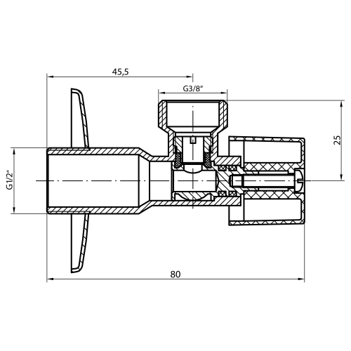 Rysunek techniczny - Kątowy zawór kulowy 1/2"x3/8”, para, czarny mat