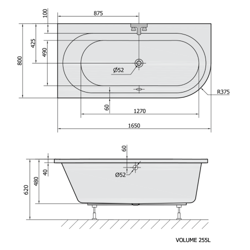 Rysunek techniczny - ASTRA L wanna asymetryczna 165x80x48cm, biały